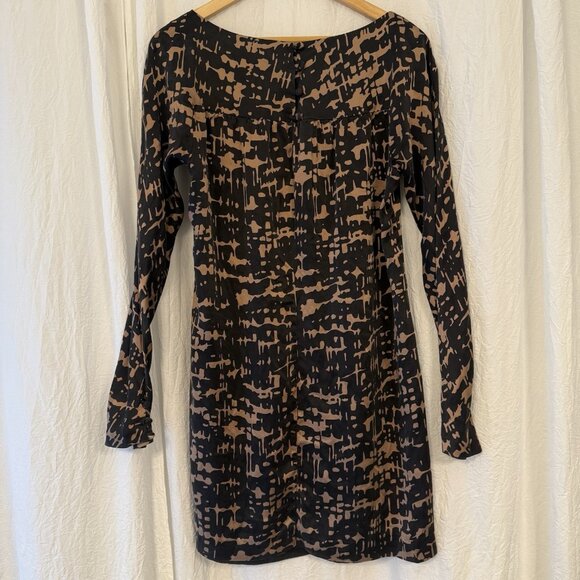 Trina Turk Silk Abstract Print Mini Dress Black Brown Long Sleeves Size 12 - Picture 1 of 14